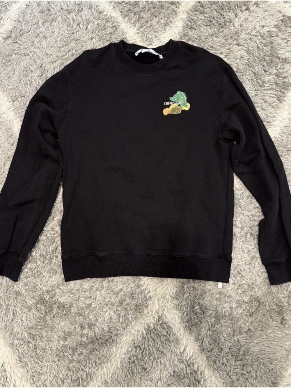 Off-White Black Crewneck Sweatshirt with Small Green & Yellow Chest Motif